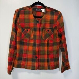 Vintage MHM Melissa Harper Plaid Jacket Orange Red Green Button Front Size 12